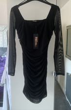 Pink Vanilla Size 8 Pit To Pit 15in Black Ruched Body Sheer Long Sleeves BNWT