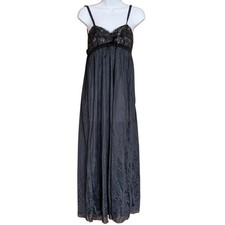 Black Lace-Trim Chemise gown Slip Dress M Nylon Vintage Whimsigoth Victorian