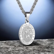 Stainless Steel Silver St Christopher Pendant Necklace Unisex