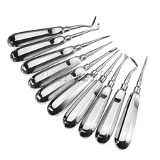 10Pcs Tooth Extraction Tool Stainless Steel Straight Curved Dental Elevator