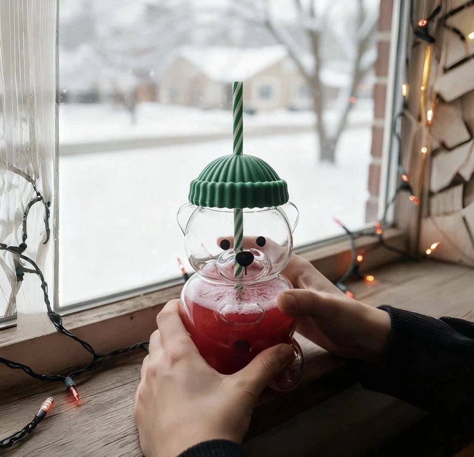 2025 Holiday New Glass Bear Cold Cup With Straw 20oz Mug Jar Coffee Unbranded - Image 4 of 4