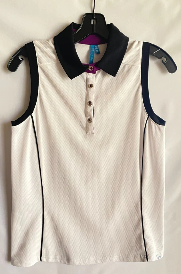 Damen GG blau ärmelloses Golfshirt Gr. M weiß mit schwarzem und auberginenbesatz - Bild 1 von 4