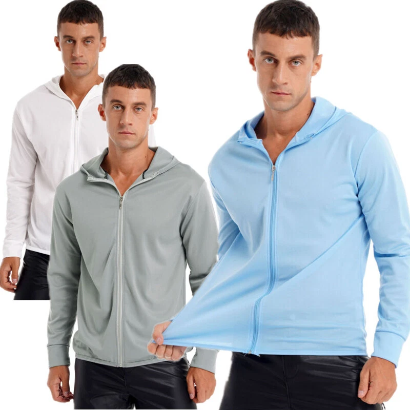 Mens Hooded Light Coats Long Sleeve Sun Protection Rash Guard Hiking Workout Top