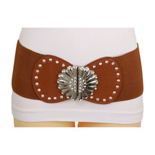 Women Wide Brown Faux Leather Elastic Fashion Wide Belt Flower Buckle Size S M