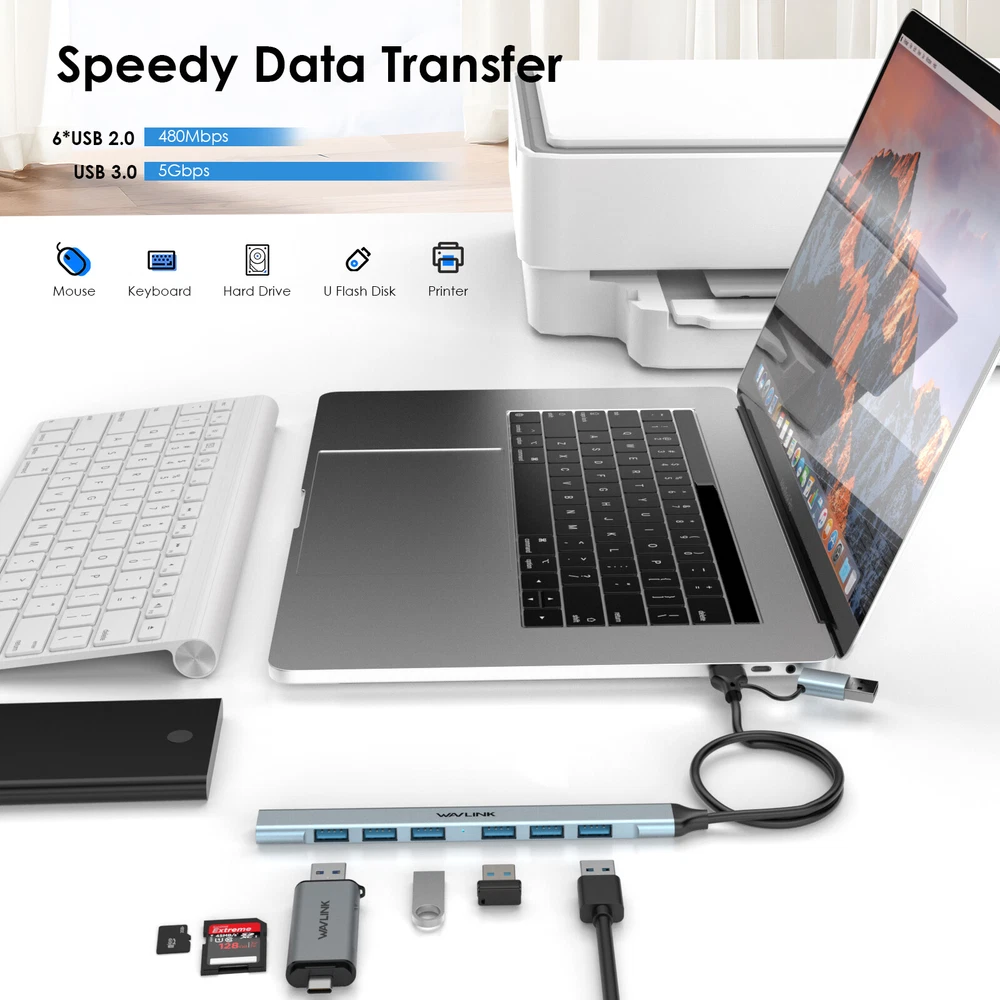 WAVLINK PC USB Hub USB-C Hub 5Gbps USB3.0 USB Splitter for iMac/iPad Pro/Laptop