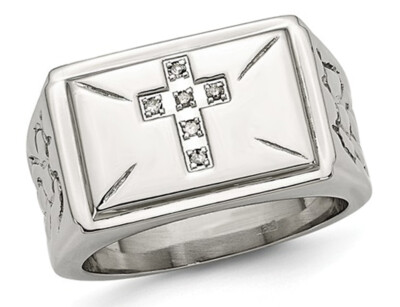 Mens Stainless Steel 1/20 Carat (ctw) Diamond Cross Textured Rings
