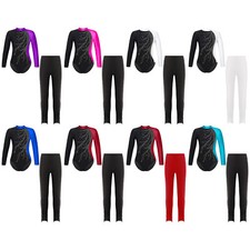 Girls Dance Outfits Set 2 Piece Sparkle Gymnastics Leotard Long Sleeve Bodysuit