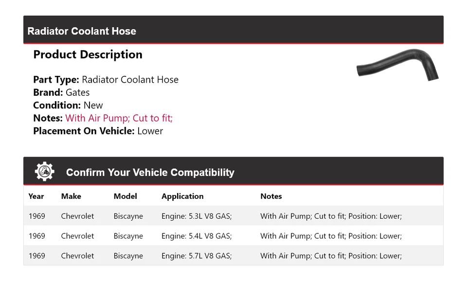 For 1969 Chevrolet Biscayne Radiator Coolant Hose Lower Gates - Image 2 of 4