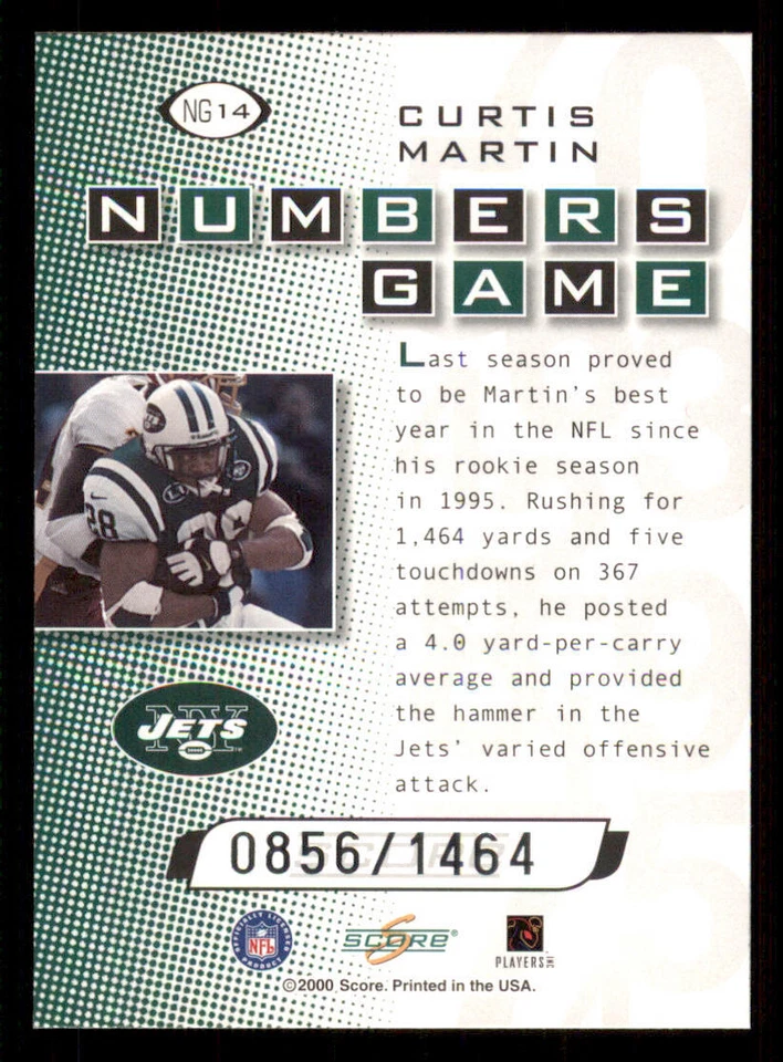 2000 Score Numbers Game Silver #NG14 Curtis Martin/1464 /1464 - Image 2 of 2