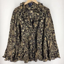 Vintage Y2K Venezia Jeans Silk Paisley Ruffle Blouse 22/24 Brown Cream Luxe Chic