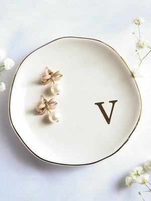 Multicolor Ceramic Jewelry Tray With Gold Monogram V For Women
