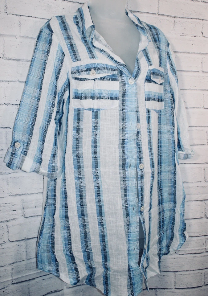 Vestido camisero a rayas de algodón Dotti Mykonos encubrimiento detalle de ganchillo azul talla pequeña Foto 4 de 4