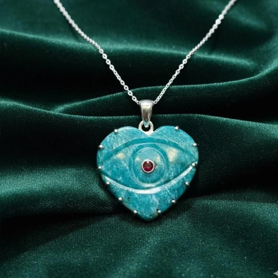 Colgante Corazón Piedras Preciosas Rubí Amazonita Plata Esterlina Evi Ojo Tallado Colgante Foto 2 de 4