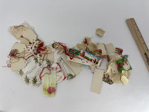 Vtg Mid Century Christmas Gift Tags Lot Santa Poinsettia MCM Ephemera Scrapbook