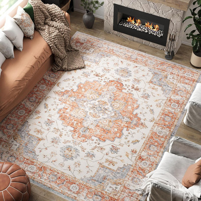 Vintage Floral Medallion Area Rug 6x9 - Washable Non-Slip Boho Carpet