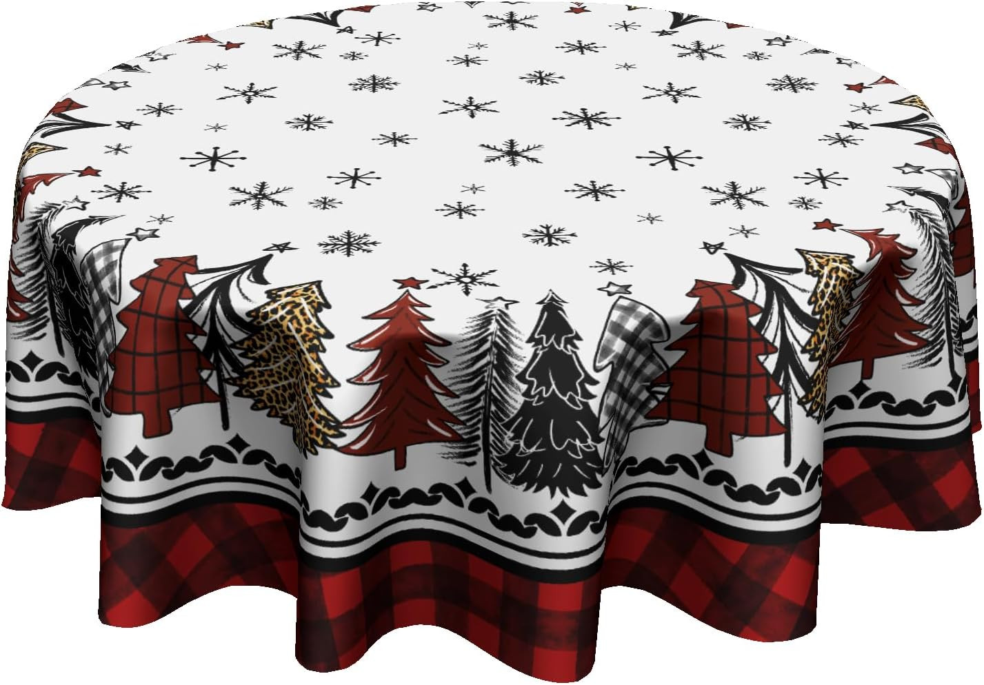Christmas round Tablecloth 60 Inch,Rustic Snow Xmas Pine Trees Buffalo Plaid Far
