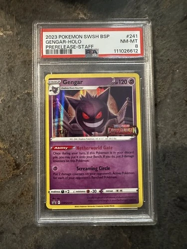 Super Rare 2023 POKEMON SWSH BLACK STAR PROMO PRERELEASE-STAFF #241 GENGAR PSA 8
