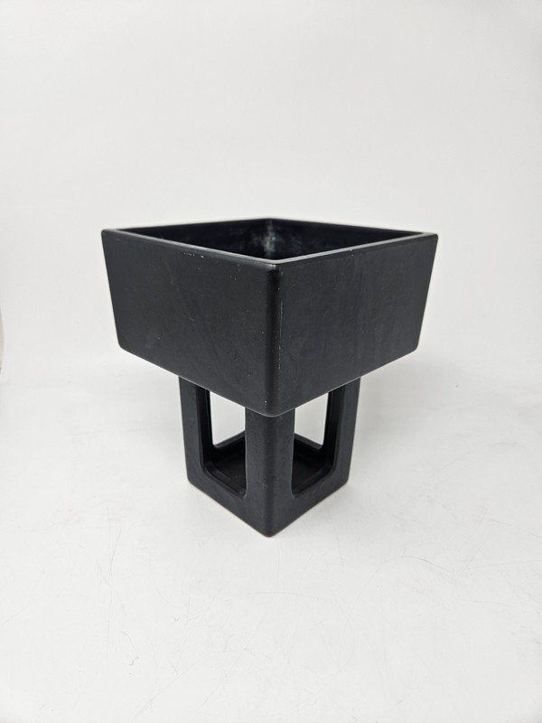 Mid Century Modernist Asian Black Matte Pedestal Planter 6x6x7.25: