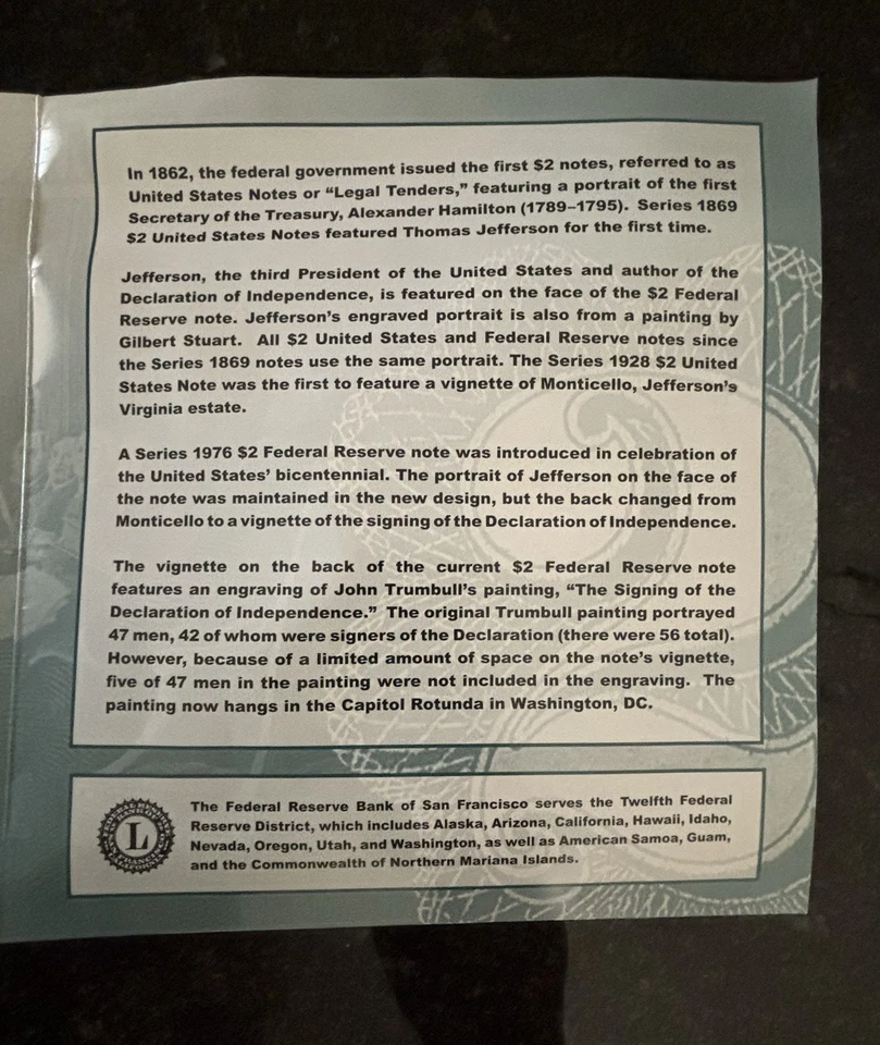 2019 America's Founding Fathers Currency Set NY 2017 $1 and 2013 SF $2 Notes BEP - Image 4 of 4