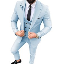 Mens 3 Piece Slim Fit Wedding Suit Blue  Blazer Waistcoat Trousers Set