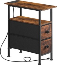 End Table with Charging Station, Narrow Side Table with 2 Fabric Drawers, Ski...