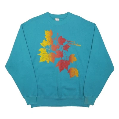 FRUIT OF THE LOOM Sweatshirt Col Rond Homme Bleu Motif Feuilles d’Automne Coton - Photo 1/4