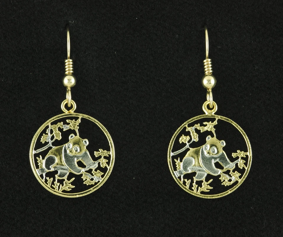 Pendientes Oso Panda. Moneda china cortada a mano - 5/8"" de diámetro. Cables G/F 14K (# 364E) Foto 4 de 4