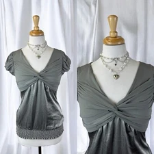 Gray Satin Chiffon Blouse Top Fairy Coquette Formal Y2K Romantic Whimsigoth S