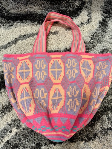 NEW Authentic 100% Wayuu Colombian Extra Large Beach Tote Weekender Bag Pink - Picture 3 of 6