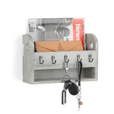 Rustic Wall-Mounted Wood Rack with 5 Key Hooks Letter Holder Newspaper Organizer