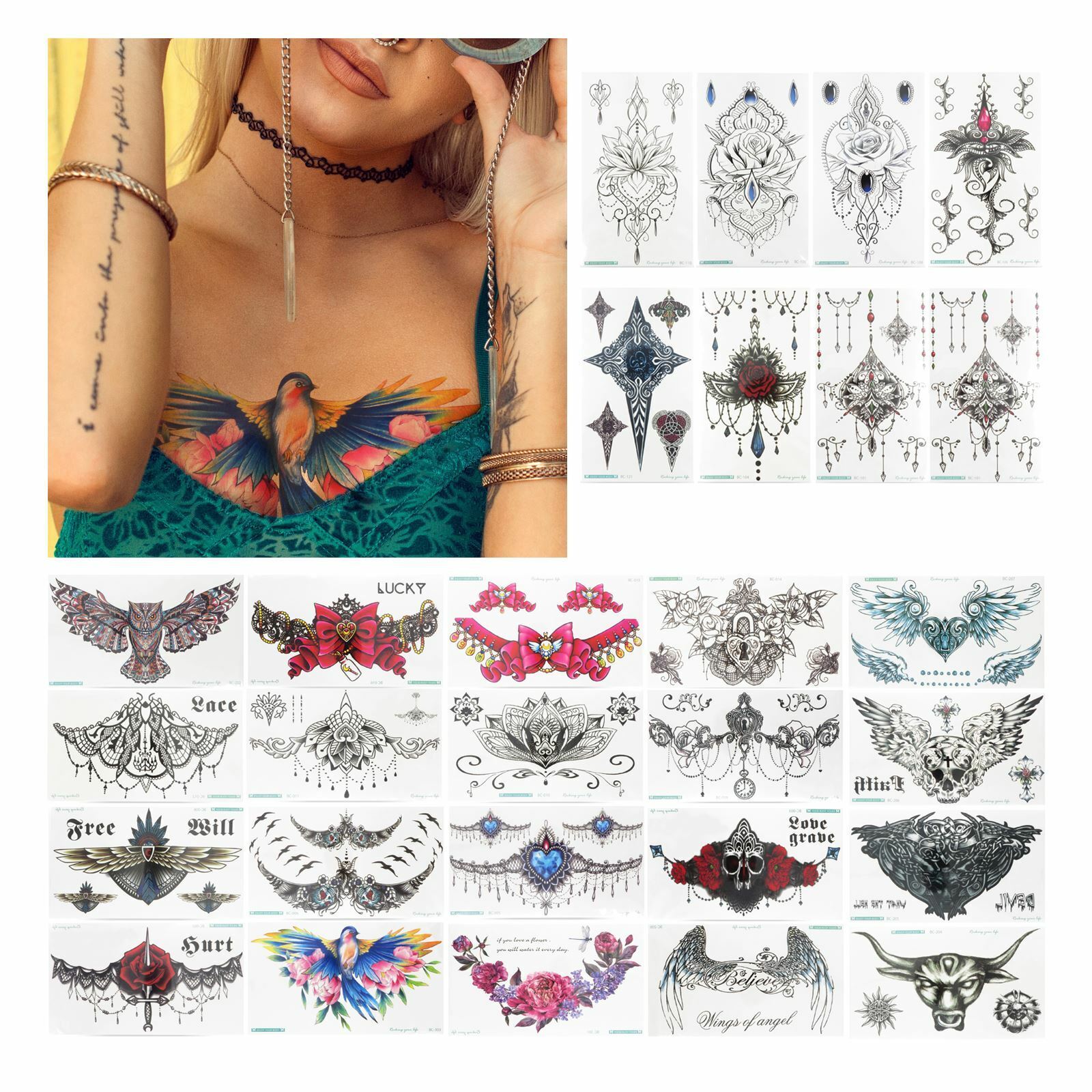 Ladies High Quality 24cm Temporary Tattoo Chest Sternum Underboob 3D Body  Art UK | eBay