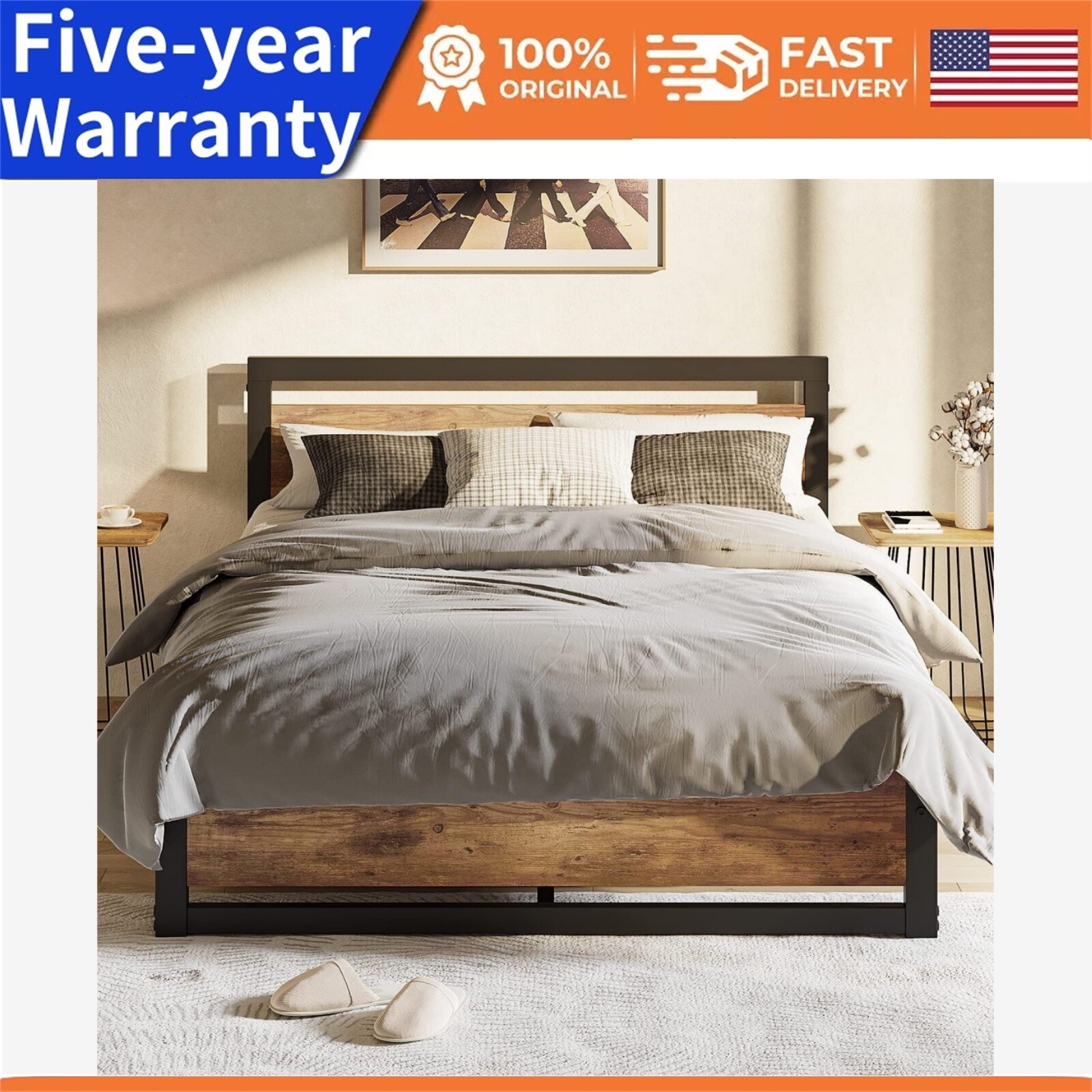 🅰️Queen Size Bed Frame with Wooden Headboard and Footboard 14inch Easy to Assem