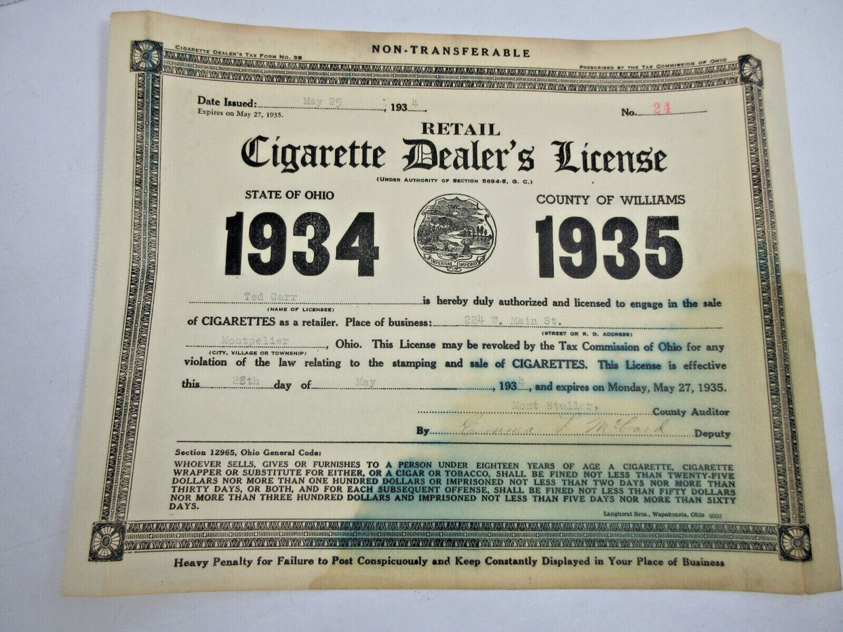 vintage 1934 Montpelier Ohio Cigarette Dealer's License business permit  ephemera