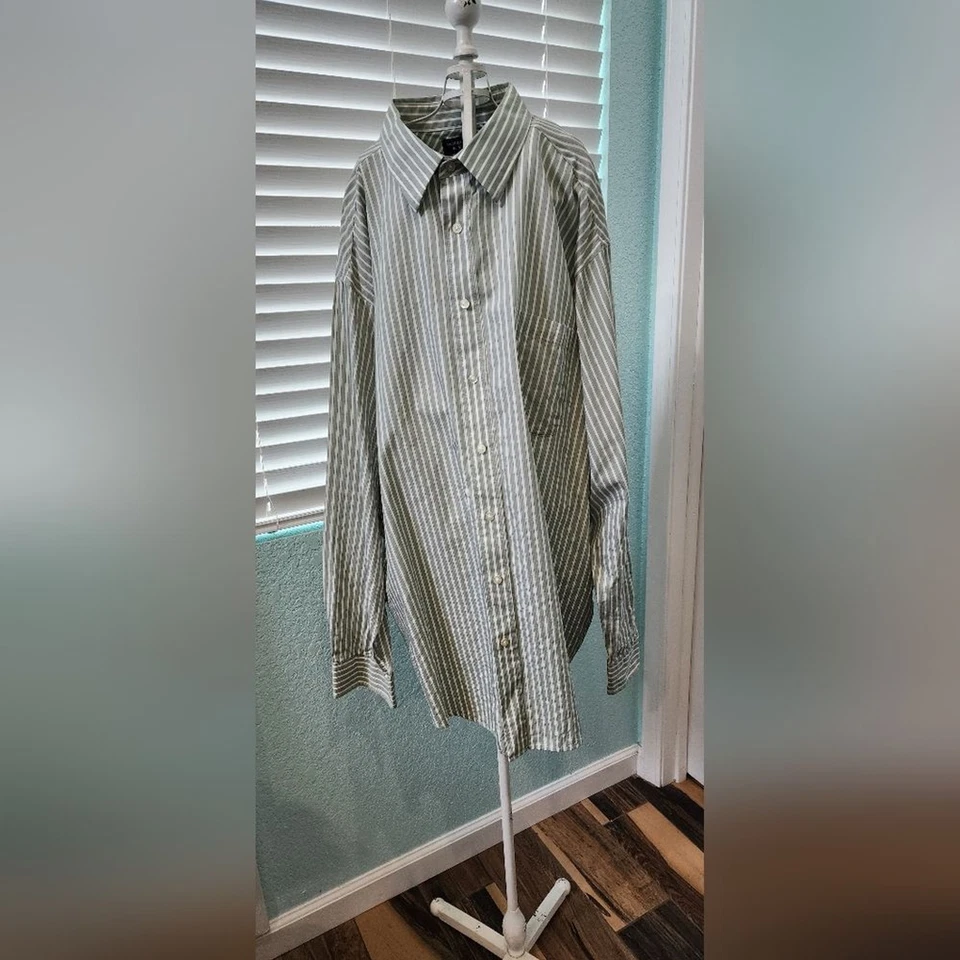 Roundtree & Yorke Men's  Two Ply Cotton Green/ White Striped Shirt  Sz 3XT - Imagem 2 de 4