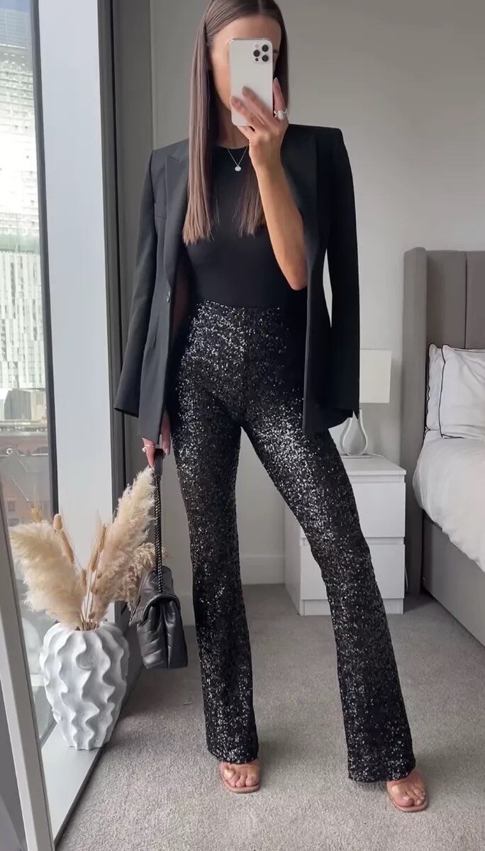 ZARA WOMAN FLARED SEQUINNED LEGGINGS BLACK 9860/221 | eBay