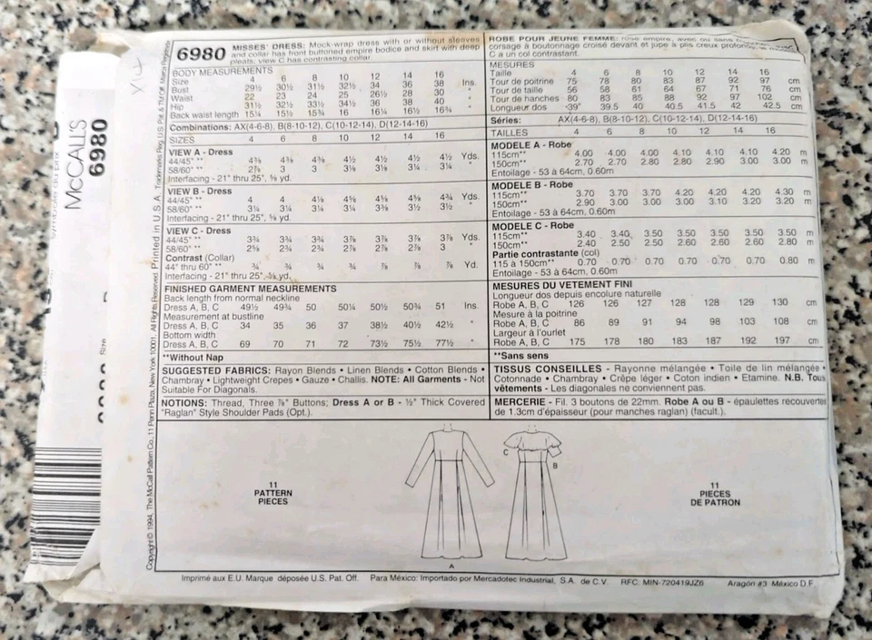 Vintage 1990s McCall's 6980 Mock-Wrap Dress Sewing Pattern Sz 12-14 - Image 3 of 3