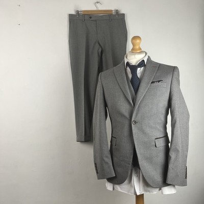 NEXT 3-Teiler Anzug Herren 38 S Hellgrau Fischgrät 32W 29L Slim Weste 38R