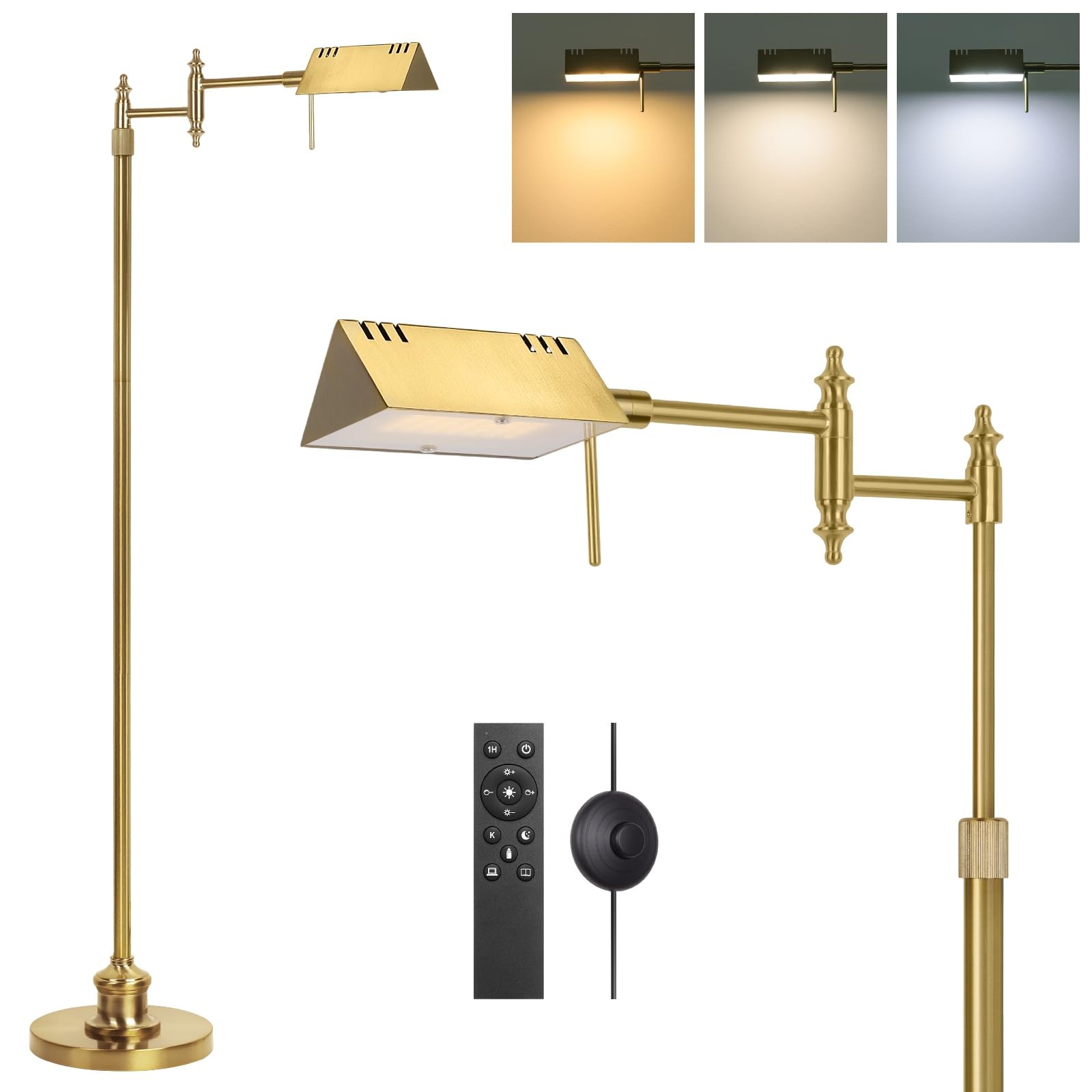 Dimmable Pharmacy Floor Lamp with Remote, 15W Gold LED Reading Floor Lamp wit...