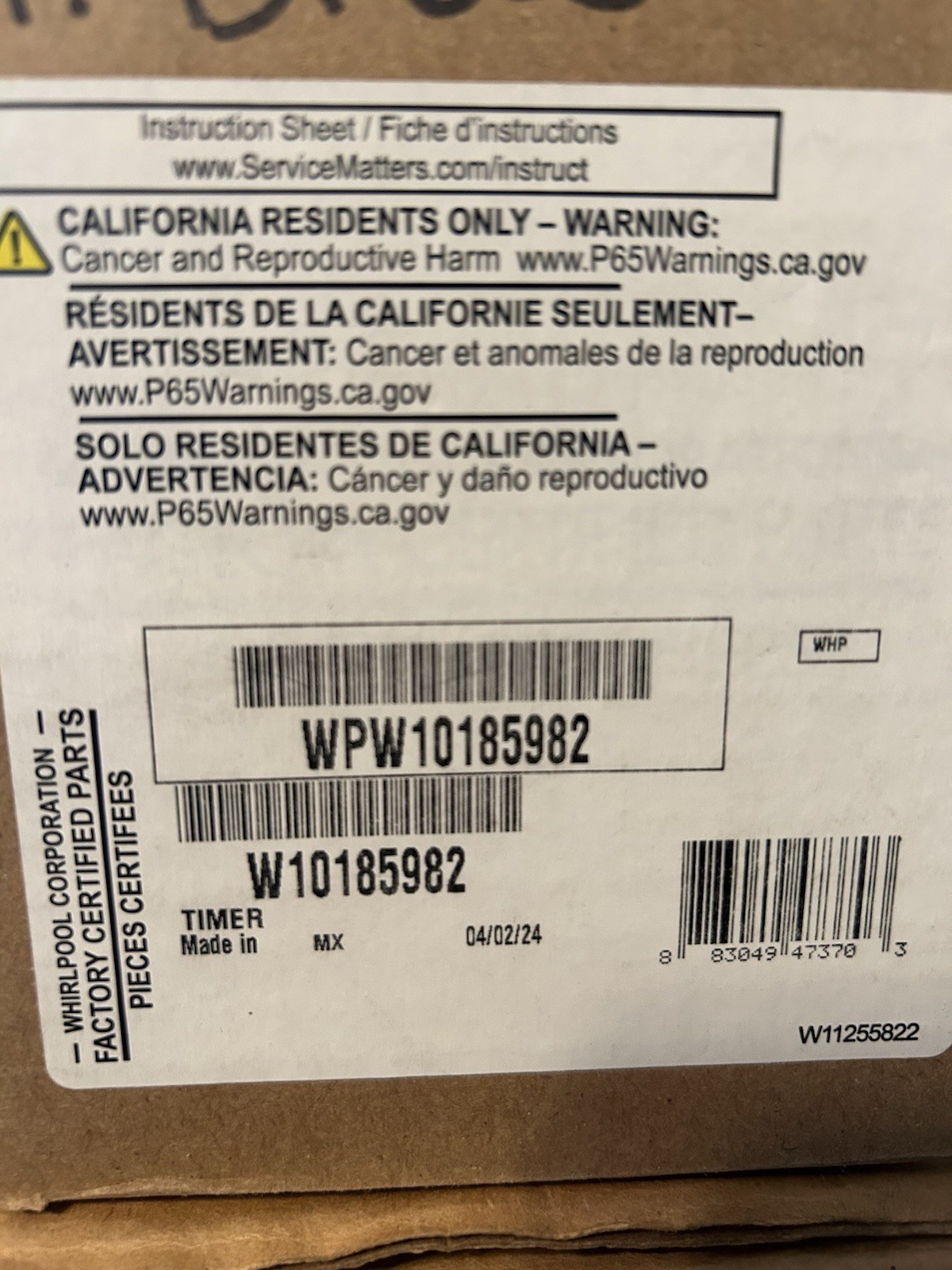 New OEM Whirlpool Dryer Timer WPW10185982