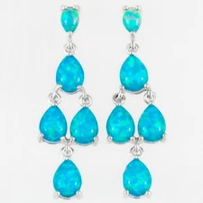 6x8 4x6 Pear Ocean Blue Fire Opal Cabochon Silver Jewelry Drop Pierced Earrings