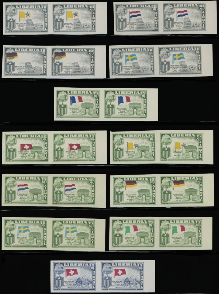 1958 LIBERIA PRESIDENT'S VISITS 42 IMPERF PAIRS W/WRONG FLAGS SC#368-70, C114-17 - Image 3 of 4