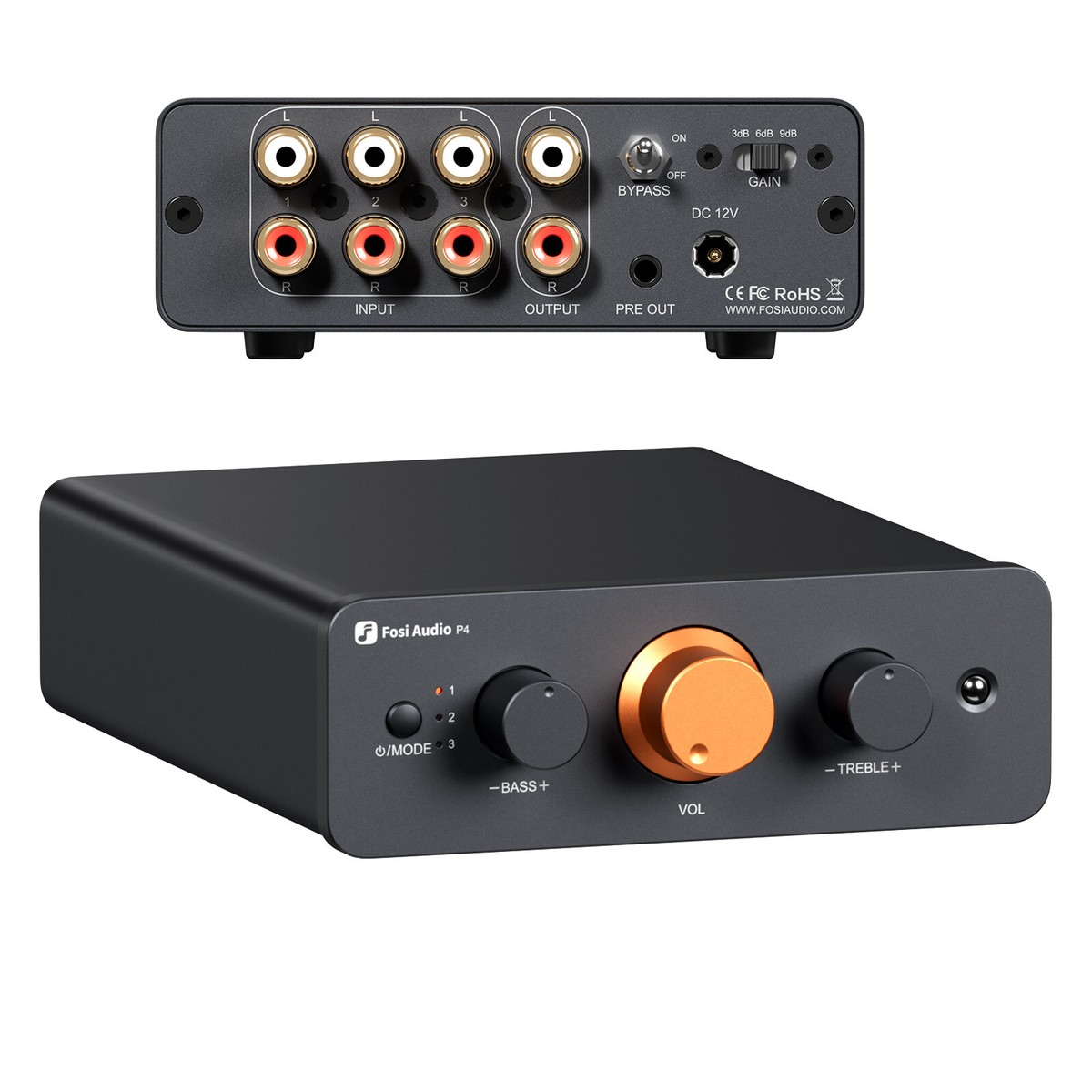 Fosi Audio P4 Mini Preamplifier W/3 Inputs Gain Adjustable Bass