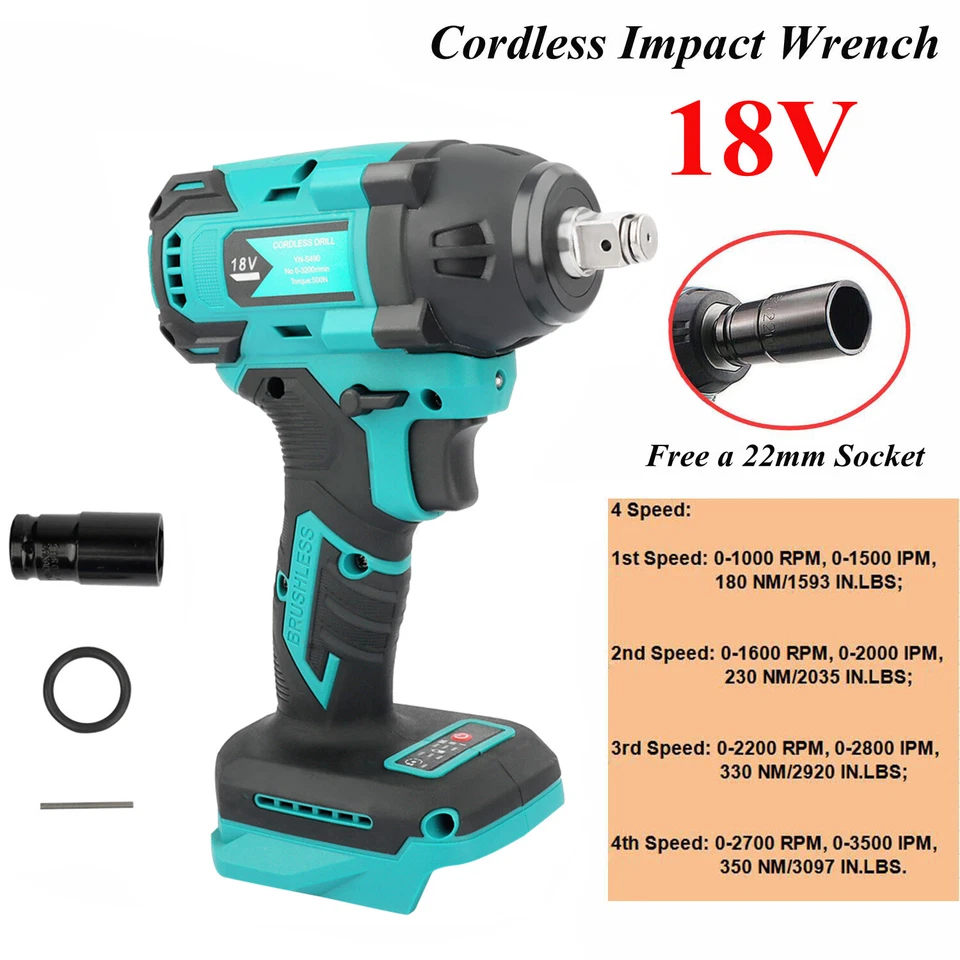 WAITLEY for Makita 18V LXT Cordless Drill Brushless Electric Impact Wrench 1/2" 4 Speed