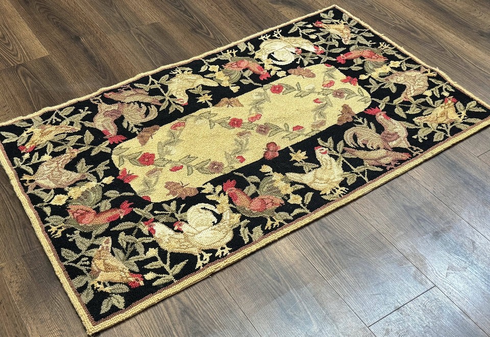 Small Vintage Hooked Rug, Roosters, Handmade, Wool | eBay