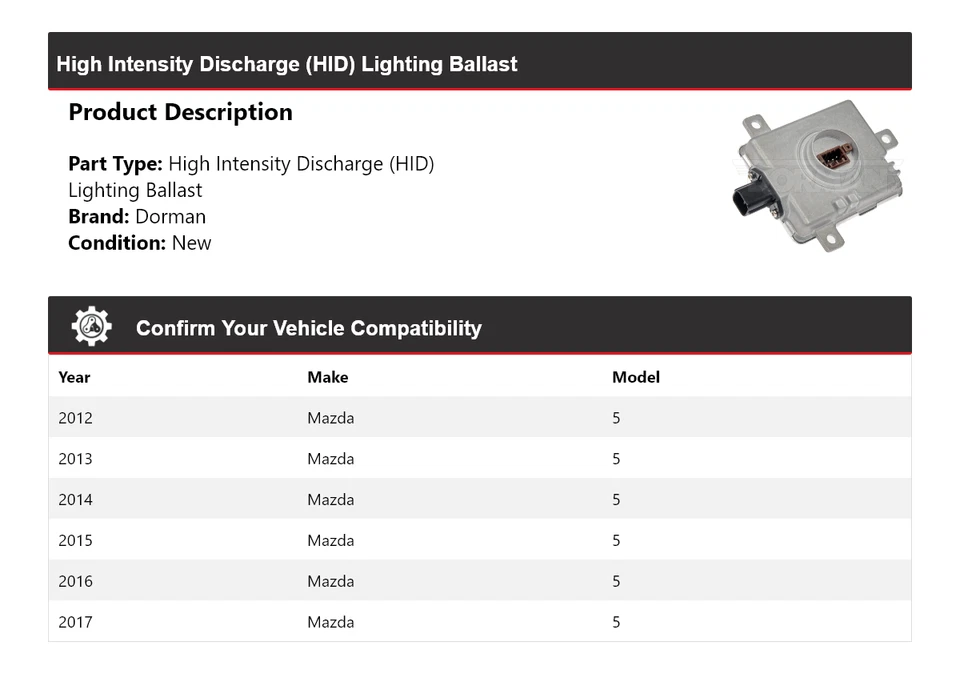 Балласт освещения высокой интенсивности разрядки (HID) для Mazda 5 Dorman 2012-2017 годов выпуска - Изображение 2 из 4