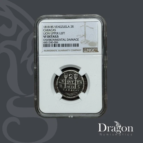 VENEZUELA Spain Caracas 2 Reales 1818-BS NGC VF Det Overstruck Coin 2 R 1808 AG