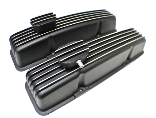 Small Block Chev Black Rocker Covers Tall Style Finned + Breathers Set ...