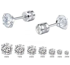 Women Men Silver Stainless Steel Round CZ Stud Earrings Screw Back Gift PE30