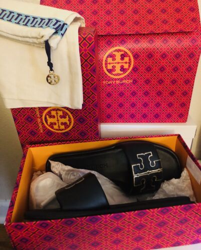 Tory Burch Double T Sport Slides Sandals Calf Leather Black/ Gold Size 8.5