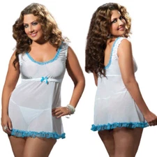 Plus Size Lingerie Babydoll  Size 1X/2X  White and Blue Seven Til Midnight 9485X